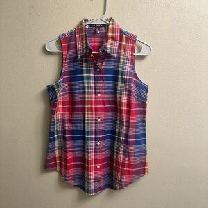 Chaps Sleeveless Button Down Vibrant Plaid Top Petite M